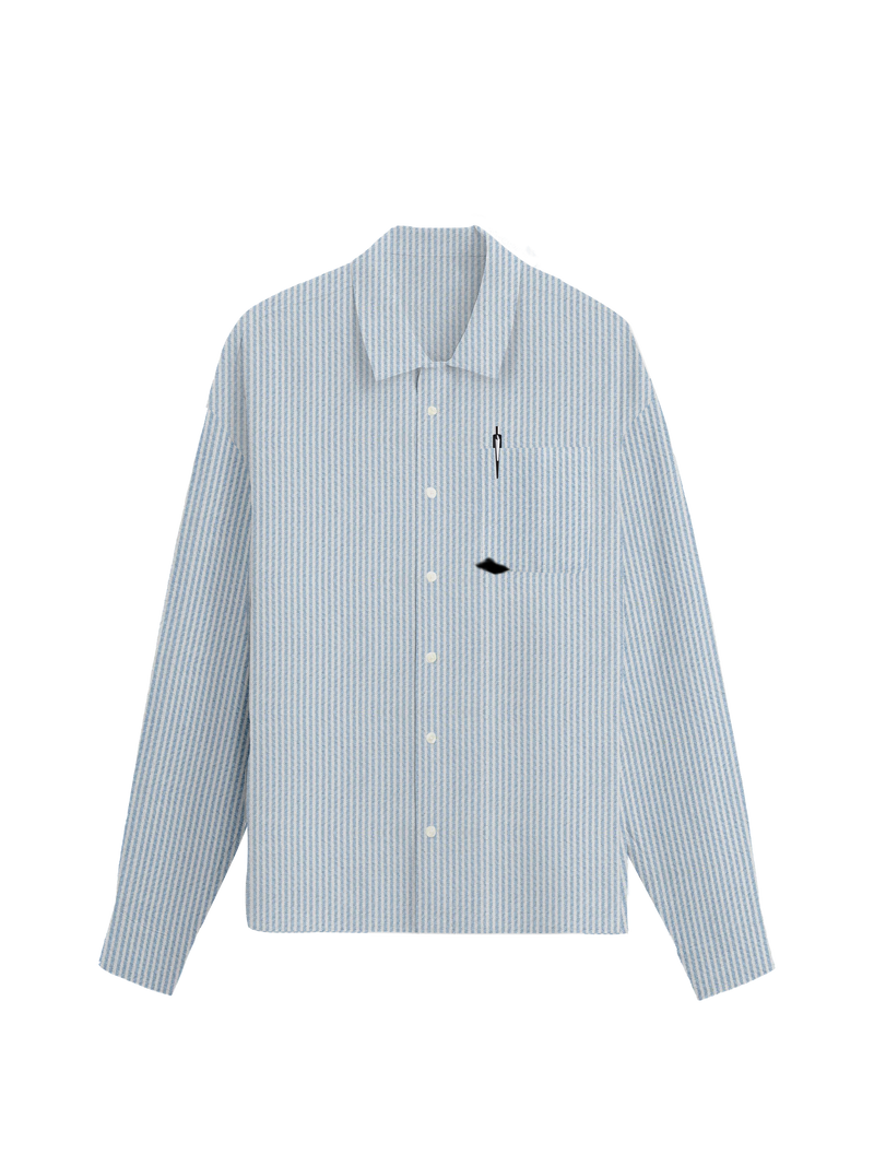 Blue and white striped shirt with a small black design on a white background